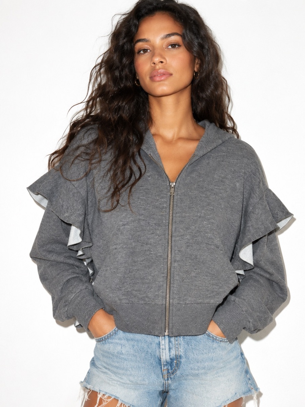 Alice + Olivia Classics Gray Ruffle Zip-Up Hoodie Jacket S/P